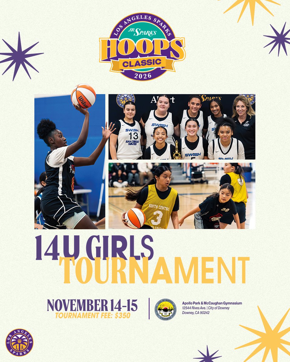 LASparks's tweet photo. 🗣️ Calling all 14U hoopers! 

JR Sparks Hoops Classic 14U Girls Tournament is about a month away! 

Sign up today: https://t.co/rmFq2dub62 https://t.co/fLmP6iSlM9