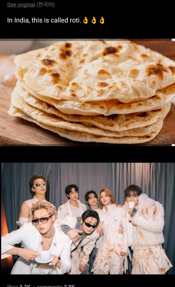 LottiesxWorld's tweet photo. omg omg taehyung saw the comparison 🤣🤣😭

💜 : In India, this is called roti.👌👌👌

🐻🐯: Are these chickpeas? Aren't you going to eat it with soup? https://t.co/G0Rx1snCSe
