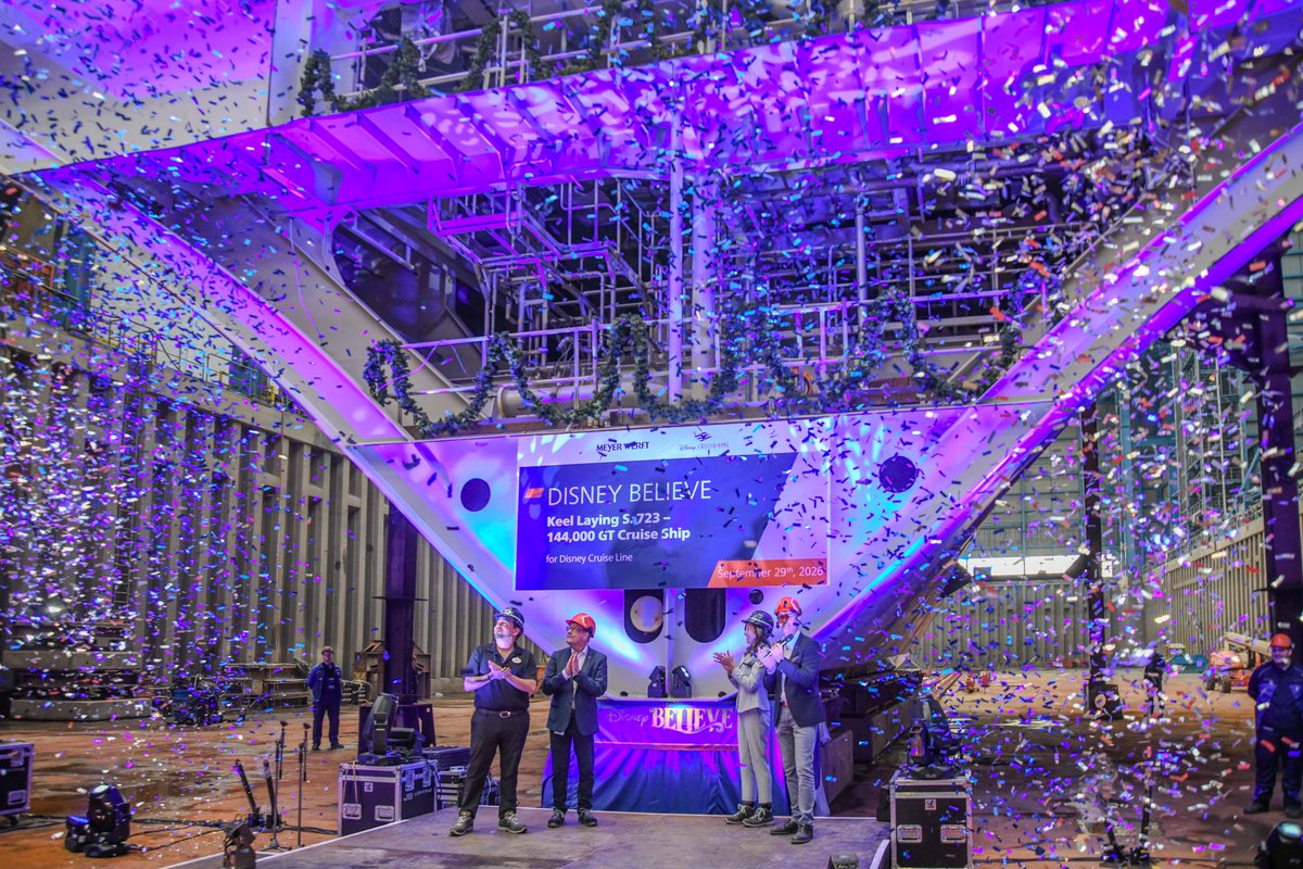 DisneyCruise's tweet photo. A magical milestone for the Disney Believe. ✨ As construction begins on the ship's second gigablock, the keel laying ceremony - a maritime tradition that is designed to bestow good luck upon the ship - took place in Papenburg, Germany. 🚢 https://t.co/dbFsfibbpm