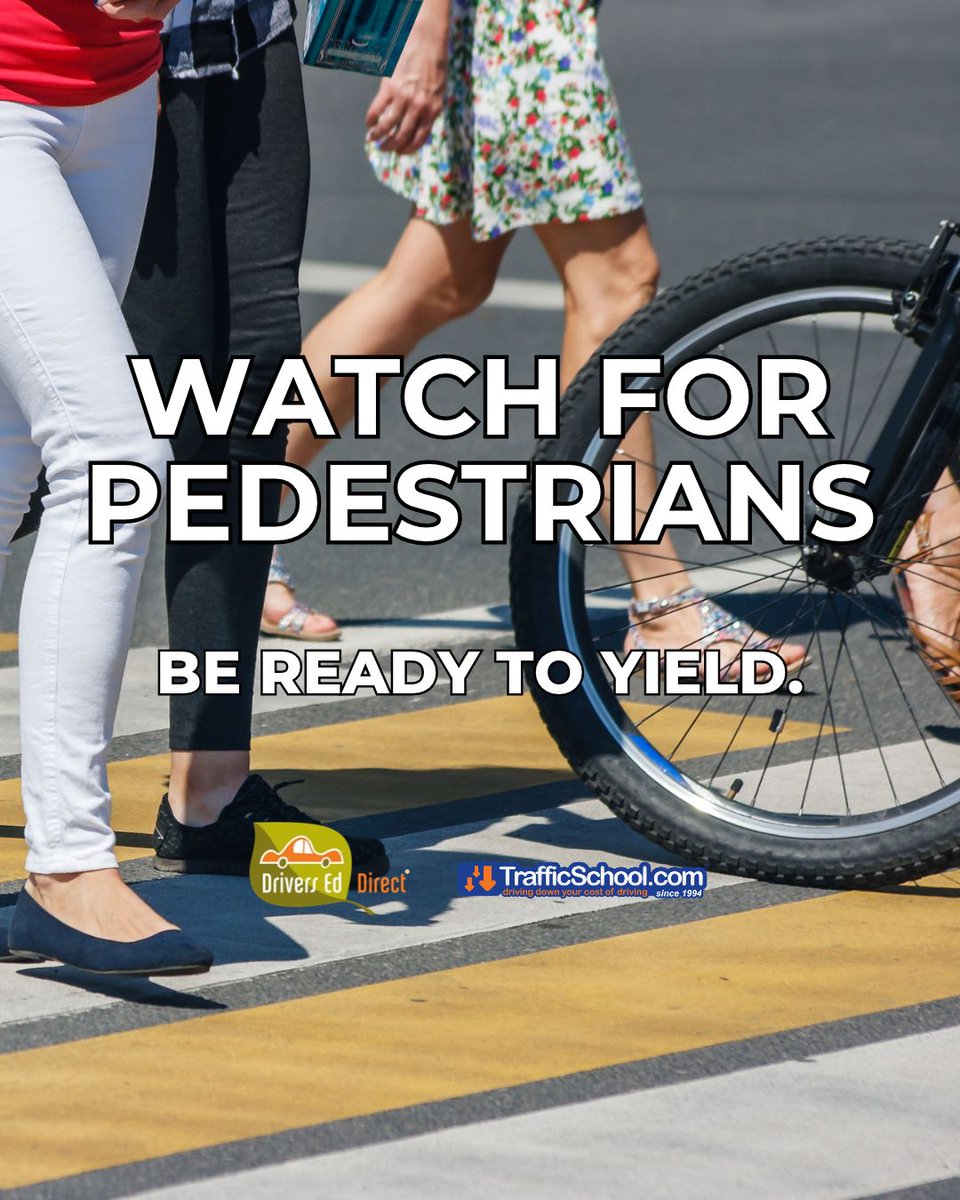 DriversEdDirect's tweet photo. Pedestrian safety is an important part of sharing the road. When turning, approaching a crosswalk, or driving through areas where people may be walking, take a moment to look carefully and be ready to yield. 

A little extra caution can help keep everyone safer on the road. https://t.co/J7g10pGuhf