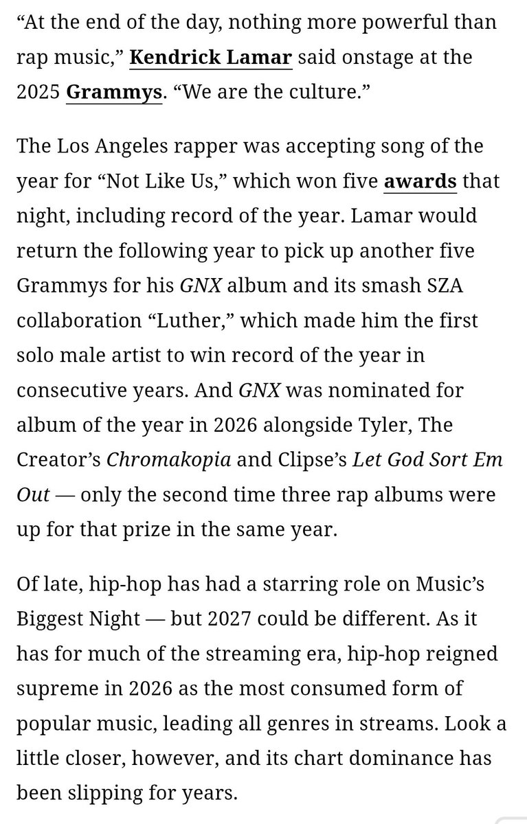 Mumu1626364656's tweet photo. "But while Morales agrees that hip-hop remains atop the cultural heap when it comes to popular music, he's less worried about the implications of a potential shutout in the general categories, seeing this as more of a "transitional" period for the genre." https://t.co/Hg1C3D8P1W