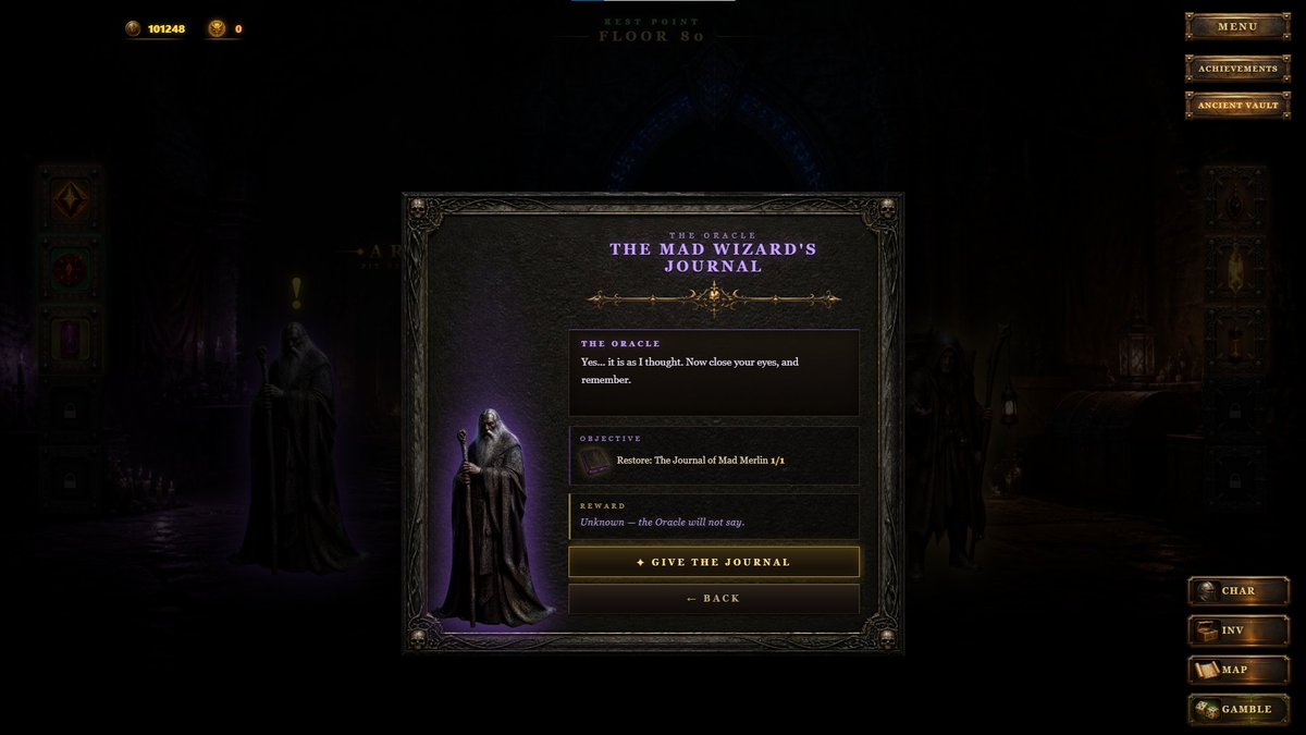 castledarkmoor's tweet photo. Something just happened in TOME OF RUIN....
WIZARD PROMOTION — COMPLETED. 
The Oracle has accepted the Journal of Mad Merlin.
One chapter ends.
A new one begins.
Your character. Your build. Your descent.

#IndieGame #IndieDev #GameDev #WordGame #DarkFantasy #RPG #DungeonCrawler #SoloDev #SteamGame #ComingSoon #Gaming