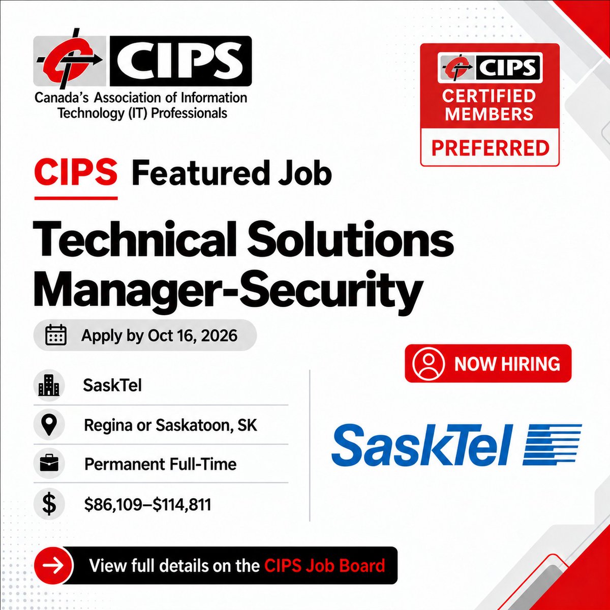 CIPS's tweet photo. 💼 Featured IT Job: Technical Solutions Manager – Security – @SaskTel
⭐ CIPS Certified Members Preferred
📍 Regina or Saskatoon, Saskatchewan
🔗 https://t.co/G0lWDcltSB
#ITJobs #TechCareers #Cybersecurity #SFIA #ITProfessionals #ICT https://t.co/GwewUbvgbm