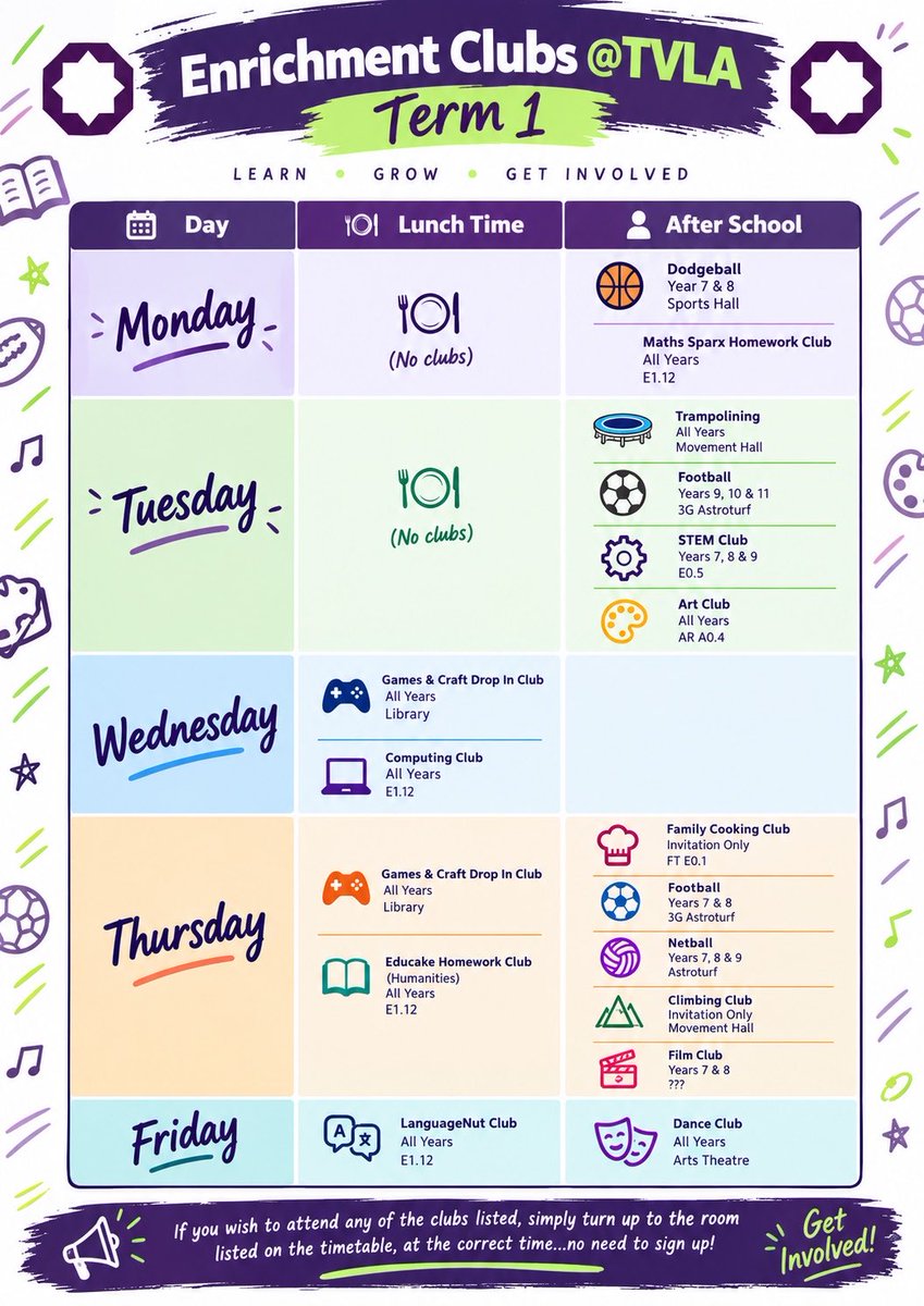 ValleyLAcademy's tweet photo. ๐ Get involved at TVLA!
Our Term 1 Enrichment Clubs offer something for everyone โ sport, STEM, art, dance, computing, homework support & more!
Check the timetable, double check with the teacher running the club, then turn up & get involved! ๐
#GetInvolved #WeAreStar #Shine https://t.co/gVDY69dCtW