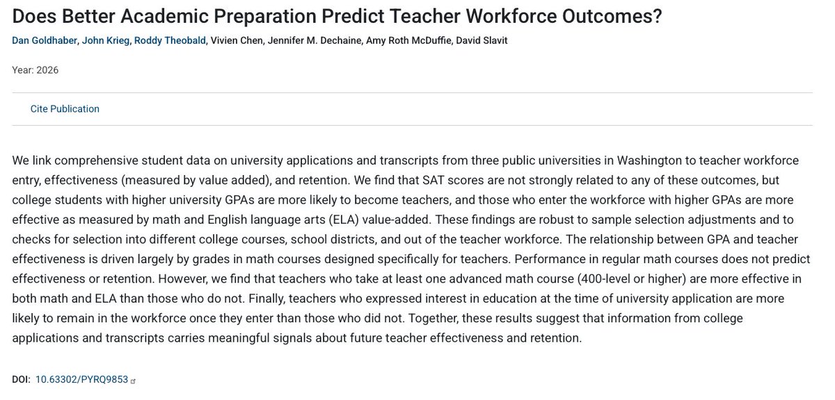 CEDR_US's tweet photo. This is a long one, folks: new CALDER working paper on the extent to which academic preparation predicts teacher workforce outcomes. We link college records from 3 WA public universities to who teaches, how effective they are, and who stays. 🧵 https://t.co/BfCfC3wpFu... 1/11 https://t.co/evz1u01sM4
