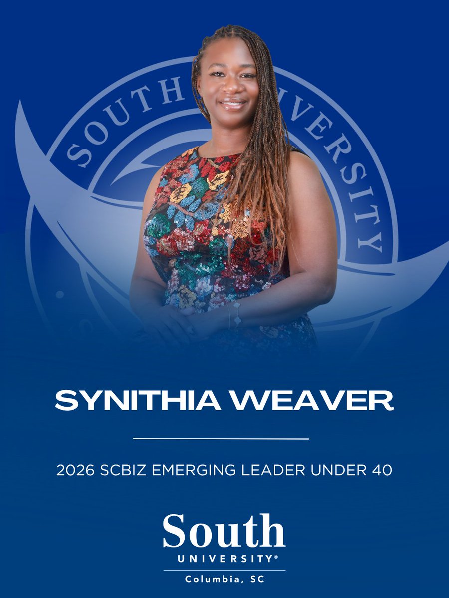 SouthU's tweet photo. Please join us in celebrating Synithia Weaver, South University, Columbia’s Veterans Affairs School Certifying Official, on being named a 2026 SCBiz Emerging Leader Under 40, and will be honored at the awards ceremony on October 20. 🇺🇸

More: https://t.co/kDUOfJnlGr https://t.co/PU46teu1IK