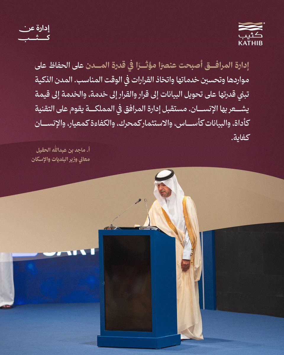 kathib_ksa's tweet photo. من كلمة معالي وزير البلديات والإسكان أ. ماجد بن عبدالله الحقيل المثمرة، خلال افتتاح المؤتمر والم��رض الدولي الثالث لإدارة المرافق @Sfma_Expo الذي يجمع نخبة من المختصين والمهتمين بالقطاع تحت شعار «مرافق ذكية.. مدن ذكية».

#كثيب #إدارة_عن_كثب
#إدارة_المرافق
#SFMA #FMEXCON2026 https://t.co/QwQ8dScp72