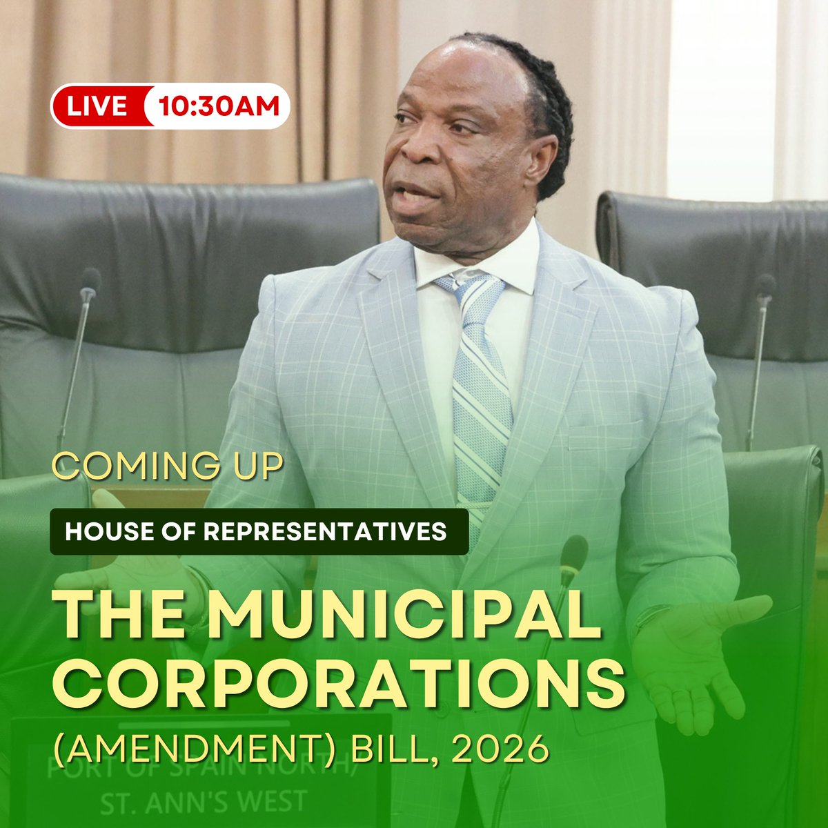 TTParliament's tweet photo. Join us in 30 minutes for the 11th Sitting of the House of Representatives!

🎥Tune in!
https://t.co/nzTlCLvxdZ

#TTParliamentHOR #MunicipalCorporations https://t.co/PFzwFHtQoO