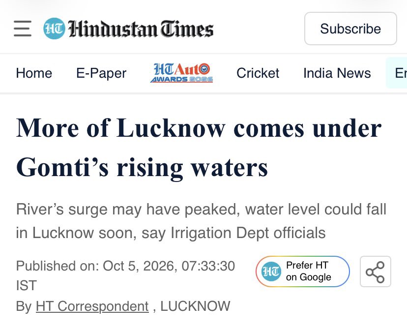 Iamlareb's tweet photo. More importantly, the latest irrigation-department assessment says the upstream peak may already have passed and the Gomti could start receding in Lucknow within 24–48 hours.

@LucknowIPL @cricketworldcup @yadavakhilesh @myogiadityanath https://t.co/96ohWLASWM