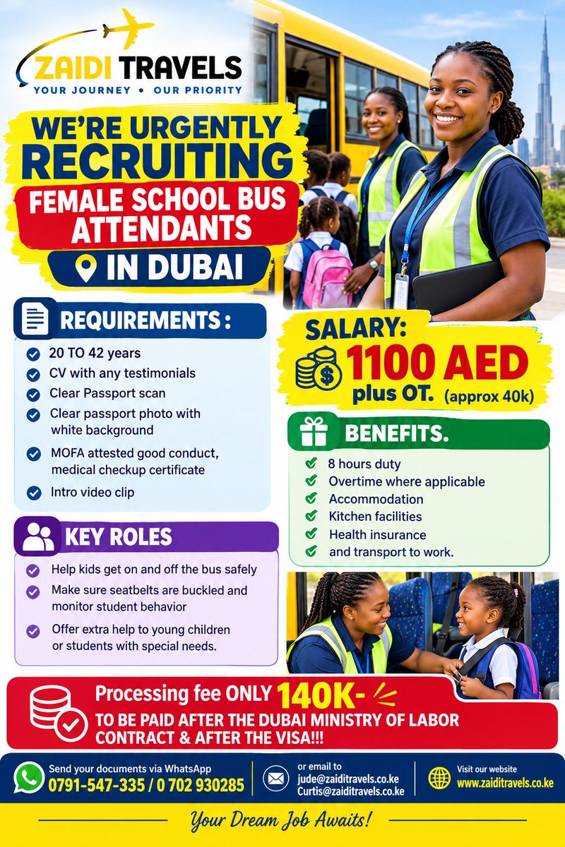 Kiriminti's tweet photo. OPPORTUNITIES FOR SCHOOL BUS ATTENDANTS IN DUBAI. APPROX 40k SAL . PROCESSING FEE 140K #kenyanjobseekers #nairobijobseekers #jobsforfreshers #zaiditravels #JobsKen https://t.co/9yUo30v30K