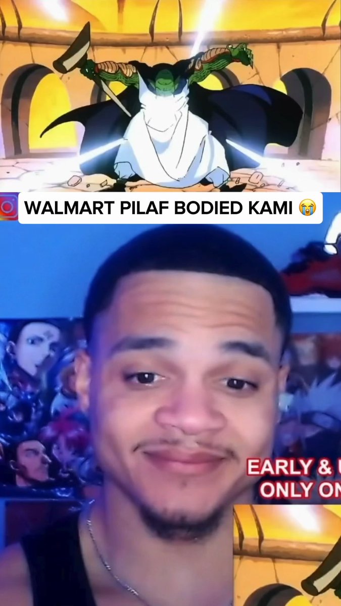 A reaction meme featuring Dragon Ball's Kami on top and a smiling young man below, with the caption 'WALMART PILAF BODIED KAMI 😭' indicating surprise at the anime scene.