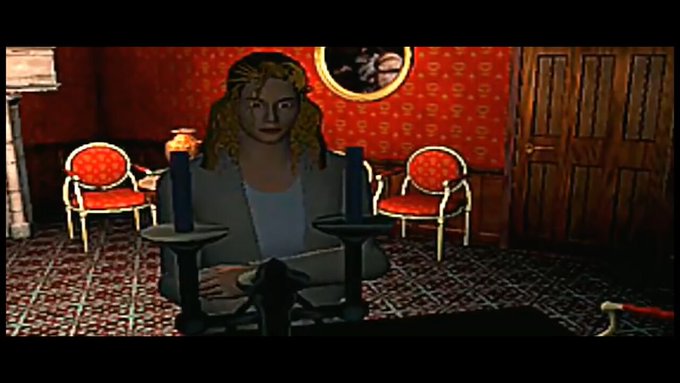 The image shows a screenshot from the classic FMV adventure game "D: The Game," featuring a painted portrait of a blonde woman displayed on an easel within a dimly lit, ornately decorated room with red walls and antique furniture. This visual ties directly to the post's promotion of the game, which is currently on sale for $2.99 on Steam and GOG.