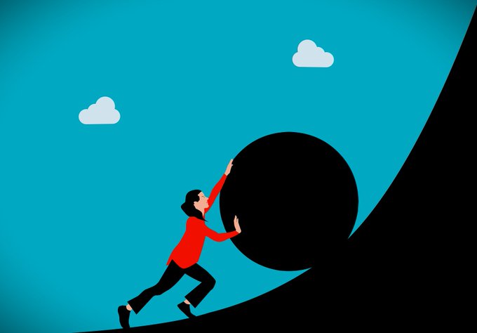 A minimalist illustration shows a person in a red shirt pushing a large black ball up a steep hill against a teal sky with two clouds.
