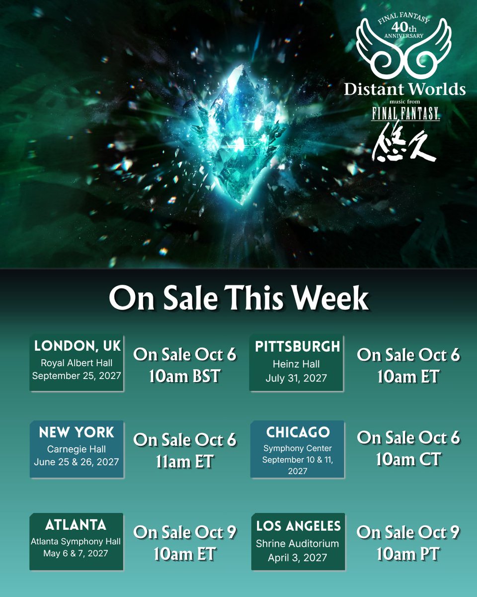 ffdistantworlds's tweet photo. These FINAL FANTASY 40th Anniversary Distant Worlds: music from FINAL FANTASY - Eternal / 悠久 performances will be on sale this week.

Head to https://t.co/aqww10S9LM for more information. https://t.co/T7UTHPdLET
