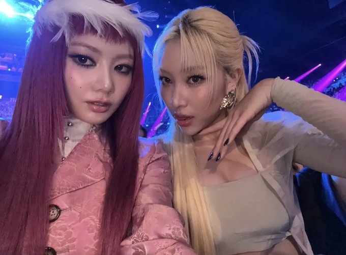 A close-up photo of two women with elaborate styling at what appears to be a concert event—one with long pink hair and bangs wearing a pink floral outfit, and the other with blonde hair wearing a beige top and gold earrings.
