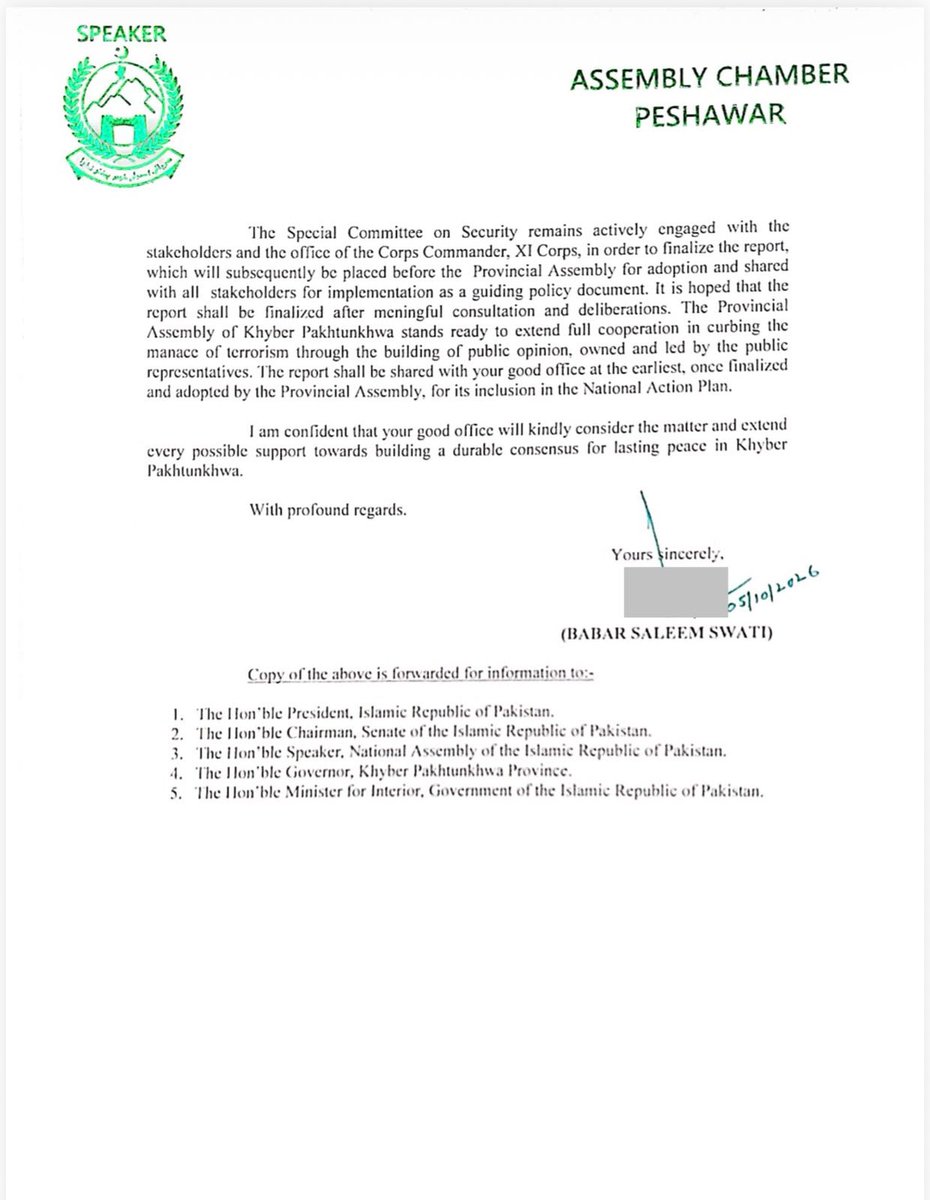 PTIofficial's tweet photo. اسپیکر خیبر پختونخوا اسمبلی بابر سلیم سواتی نے دہشت گردی، امن و امان اور صوبے میں دیرپا امن کے قیام کے حوالے سے خیبر پختونخوا اسمبلی کے امن جرگہ 2025 کے مشترکہ اعلامیے پر عملدرآمد کے لیے فارم 47 وزیرِ اعظم کو خط ارسال کردیا۔ https://t.co/wNPtTAI0dc