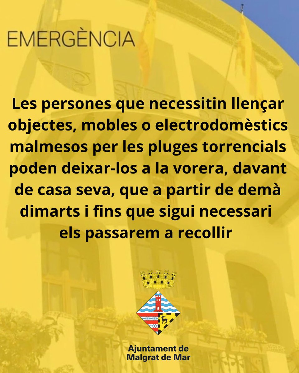ajmalgrat's tweet photo. ⚠️𝗣𝗹𝗮 𝗲𝗺𝗲𝗿𝗴è𝗻𝗰𝗶𝗲𝘀 𝗽𝗲𝗿 𝗶𝗻𝘂𝗻𝗱𝗮𝗰𝗶𝗼𝗻𝘀

🚛 Les persones que necessitin llençar objectes, mobles o electrodomèstics malmesos per les pluges poden deixar-los a la vorera, que a partir de demà dimarts i fins que sigui necessari,
els passarem a recollir https://t.co/U0XCwfqPh4