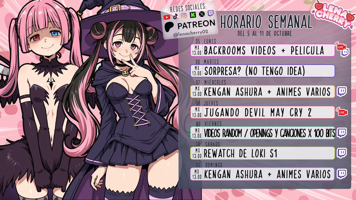 lenacherry02's tweet photo. 🎀 🍒 HORARIO DE LA SEMANA!! 🍒🎀

(Probablemente esta semana Aipi continúe con Spiderman después de los directos con Lena)

(Dependiendo del estreno de DBS: Beerus, vamos a verlo el día que esté en plataformas con sub) https://t.co/mmVGZRy7IC
