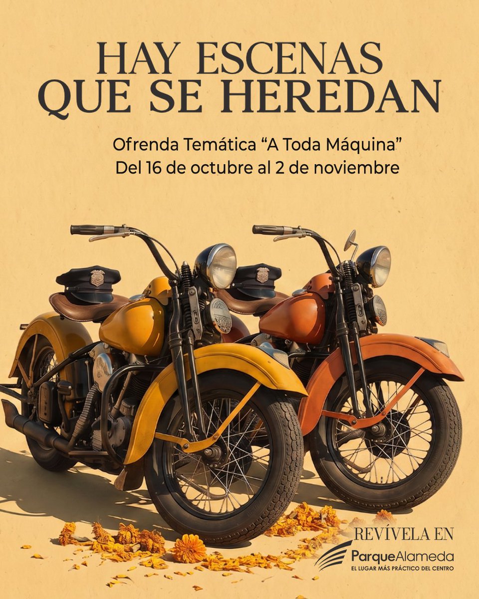 parque_alameda's tweet photo. Hay escenas que una generación le presenta a la siguiente. 🏍️🧡
Este Día de Muertos, revívelas con “A Toda Máquina”del 16 de octubre al 2 de noviembre con nuestra ofrenda temática.
#parquealameda #alamedalovers #diademuertos https://t.co/W3OU3AHujb