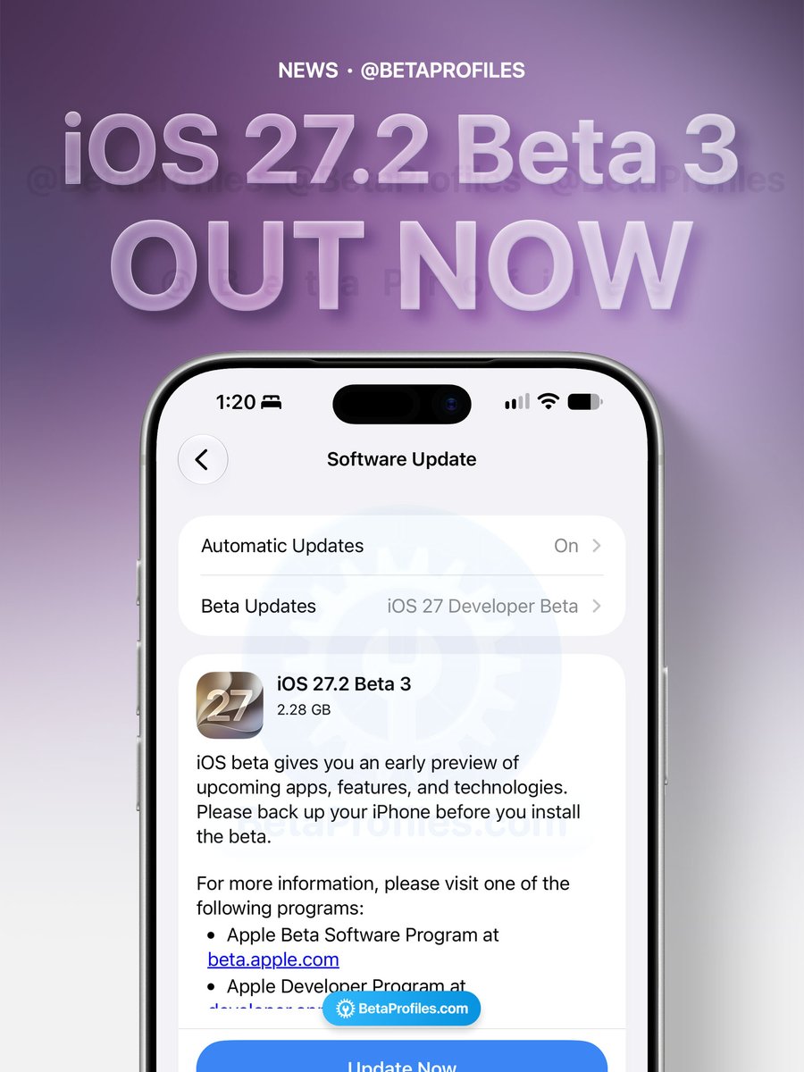BetaProfiles's tweet photo. iOS 27.2 Beta 3 is out now! https://t.co/aFv541j1hu