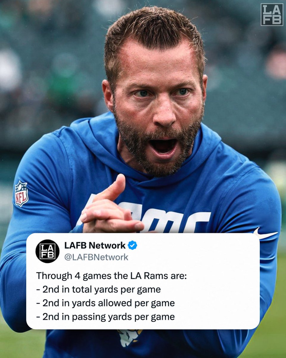 LAFBNetwork's tweet photo. Are people sleeping on the Rams?

No. 2 offense in the NFL.
No. 2 defense in the NFL.
No. 2 passing attack in the NFL.

A 2-2 record doesn't tell the whole story. https://t.co/3TbdWc7q1K
