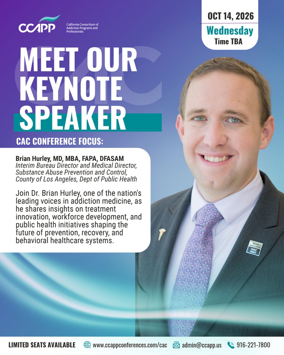 CCAPP4U's tweet photo. ๐ค We're excited to welcome Dr. Brian Hurley, MD, MBA, FAPA, DFASAM as a keynote speaker at the 13th Annual California Addiction Conference!
๐
October 14, 2026
๐ Sheraton Universal Hotel | Universal City, CA
Learn more and reserve your spot today.
#CAC2026 #ccappstrong https://t.co/fKVngUJpW5