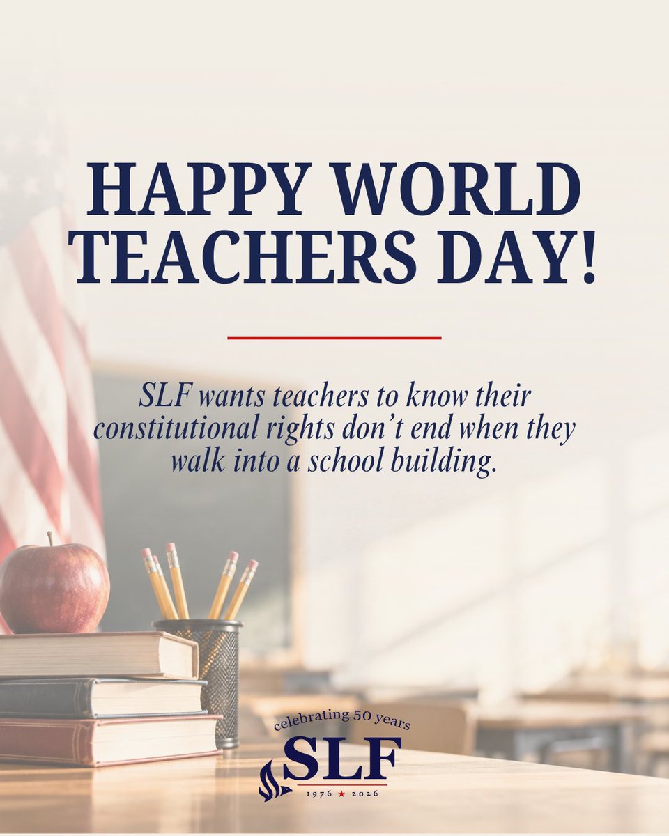 slf_liberty's tweet photo. SLF wants teachers to know their constitutional rights don’t end when they walk into a school building.

That’s why we’ve fought to defend educators’ First Amendment and Equal Protection rights in cases like Henderson v. Springfield Public Schools and Deemar v. Evanston/Skokie School District 65.

This World Teachers’ Day, we’re proud to stand with teachers and defend their constitutional rights.
