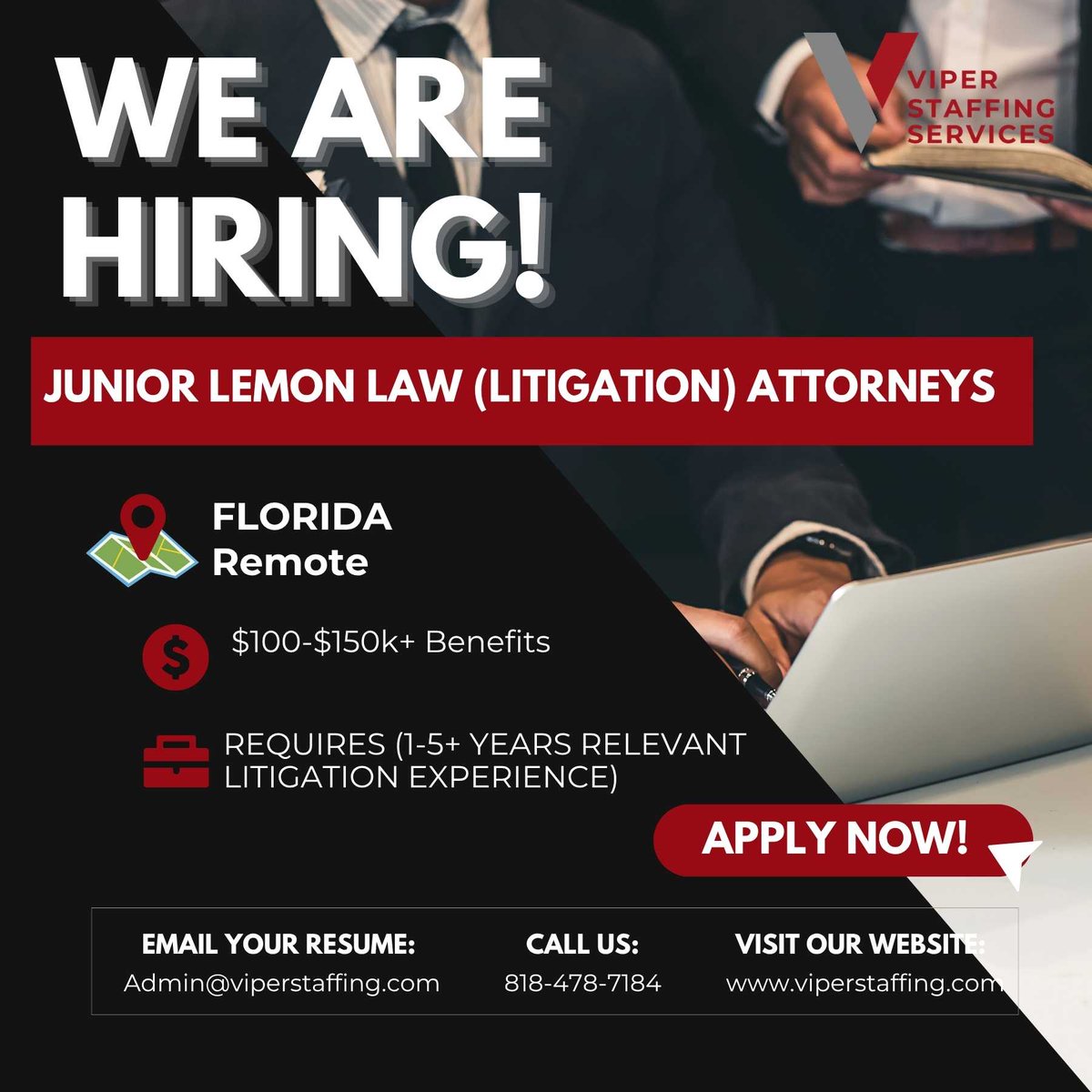 ViperStaffing's tweet photo. Hiring: Junior Lemon Law Attorneys
Florida | Remote
$100K–$150K+ | Benefits
1–5+ years of relevant litigation experience required.
Apply today: admin@viperstaffing.com
818-478-7184 | https://t.co/VbIIps1PpH
#Hiring #LemonLaw #RemoteJobs #LegalJobs https://t.co/pZDKlprmOn