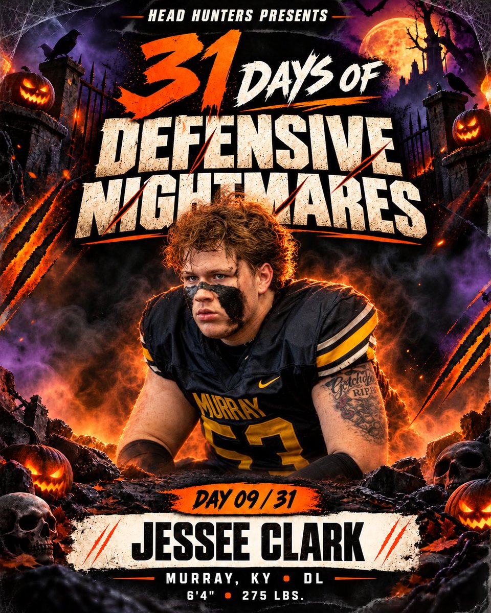 CoachZackGoodFB's tweet photo. 🎃 DEFENSIVE NIGHTMARES: DAY 9 @JesseClark2027

Pos: DL
HS: Murray, KY
GPA: 3.4
HT: 6'4
WT: 275

Offer: Murray St

Heavy-handed defender who throws opposing offensive linemen like ragdolls to continue endless pressure on QB and RB

Coaches, get this defender on your radar! 👀🔥

Hudl: https://t.co/7bxTZsIq25

A new nightmare drops every day this October. Who’s next? 🦁