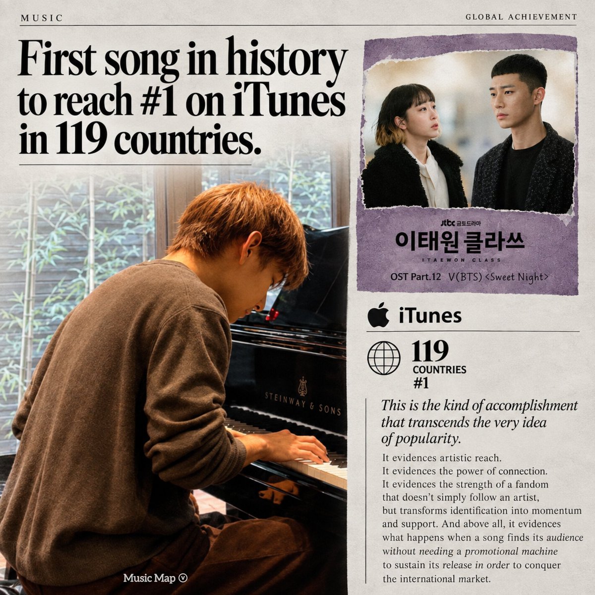 musicmapv's tweet photo. I have so many feelings about this. But what I can say is that some achievements belong to the statistics. And then there are achievements that force us to rewrite what we understood as global reach.

“Sweet Night,” with V also credited as composer, lyricist, and producer for the Itaewon Class OST, becoming the first song in history to reach #1 on iTunes in 119 countries is an extraordinarily historic achievement.

This is the kind of accomplishment that transcends the very idea of popularity.

It evidences artistic reach. It evidences the power of connection. It evidences the strength of a fandom that doesn’t simply follow an artist, but transforms identification into momentum and support. And above all, it evidences what happens when a song finds its audience without needing a promotional machine to sustain its release in order to conquer the international market.

Kim Taehyung is an exceptional artist!