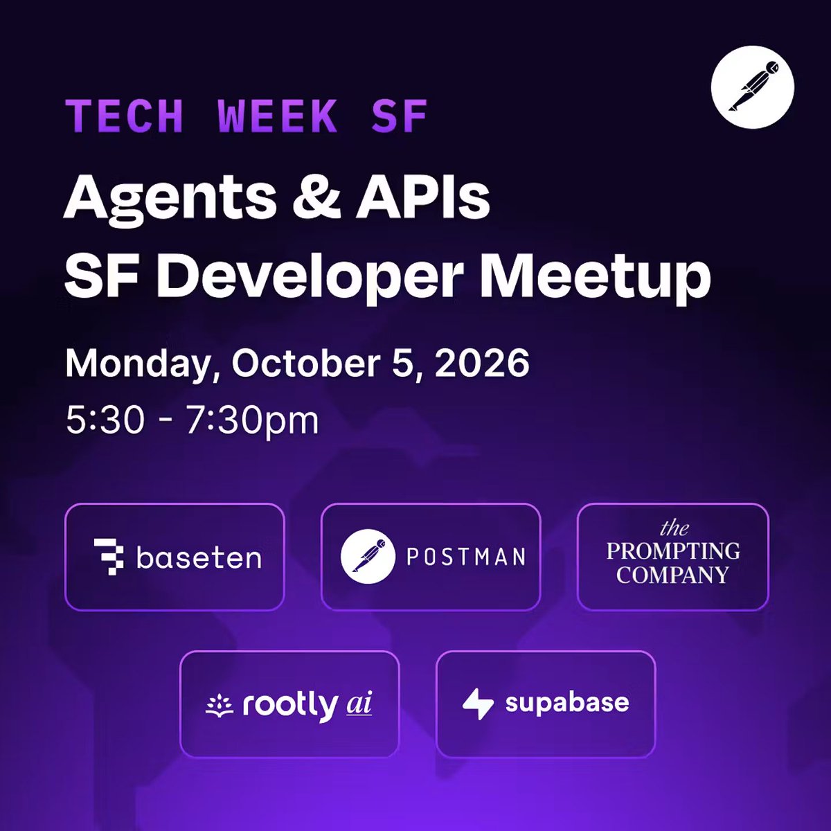 michwirantono's tweet photo. If you're in SF for @a16z's #SFtechweek, @AlbertPurnama & I will be speaking at @postman's Agents & APIs Meetup 𝐭𝐨𝐧𝐢𝐠𝐡𝐭 𝗮𝘁 𝟱:𝟯𝟬 𝗣𝗠! @promptingco

Excited to speak alongside
- @quentinrousseau from @rootlyhq
- Nihar N from Postman
- Chatan Konda from @baseten

Come meet a ton of great developers, win prizes at trivia, and say hi if you see me!

@patricia_dugan excited!!