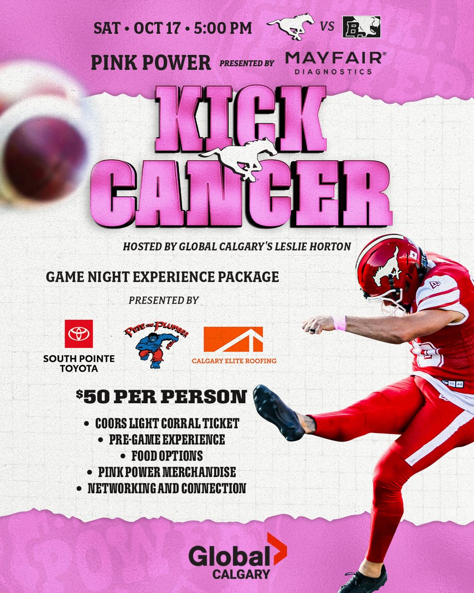calstampeders's tweet photo. Let's kick cancer, Calgary! 🦵

Hosted by Leslie Horton, join us at our Pink Power game as we celebrate cancer survivors, support those currently fighting, and honour the loved ones who stand beside them. 🩷

🎟️ Buy tickets: https://t.co/73v82dunBr

@global_leslie | #TogetherWeRide