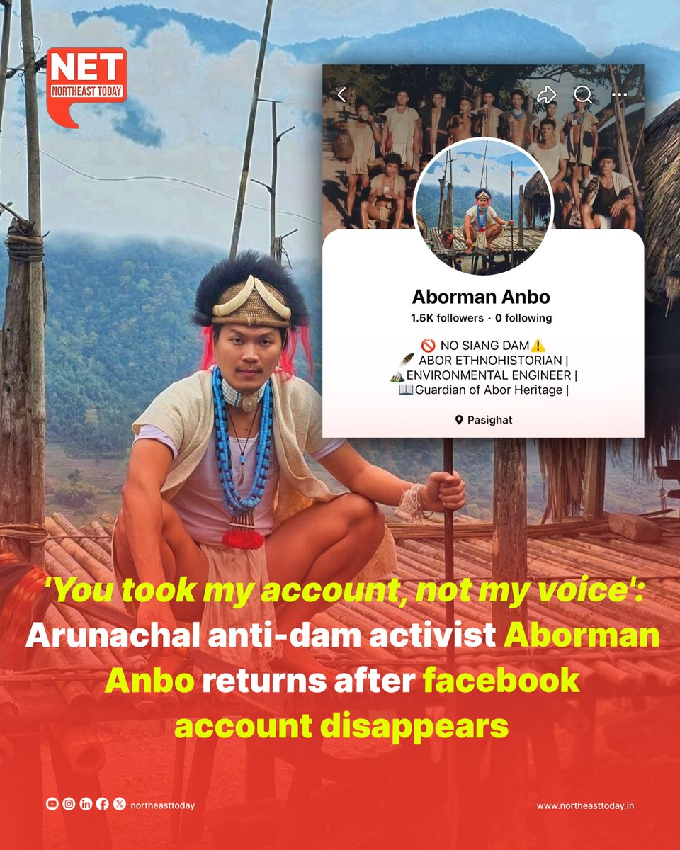 NortheastToday's tweet photo. #ArunachalPradesh | Arunachal Pradesh-based activist Katon Moyong, popularly known as Aborman Anbo and one of the prominent critics of the proposed 11,000 MW Siang Upper Multipurpose Project (SUMP), has returned on a new Facebook profile days after his previous account allegedly disappeared.

Read more: https://t.co/mKUy7iX70e