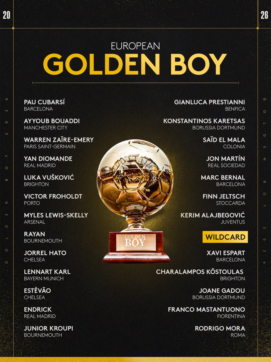 giraltpablo's tweet photo. OFICIAL: LOS 25 NOMINADOS AL GOLDEN BOY

🇪🇸 Pau Cubarsí
🇲🇦 Ayyoub Bouaddi
🇫🇷 Warren Zaïre-Emery
🇨🇮 Yan Diomande
🇭🇷 Luka Vušković
🇩🇰 Victor Froholdt
🏴󠁧󠁢󠁥󠁮󠁧󠁿 Myles Lewis-Skelly
🇧🇷 Rayan
🇳🇱 Jorrel Hato
🇩🇪 Lennart Karl
🇧🇷 Estêvão
🇧🇷 Endrick
🇫🇷 Junior Kroupi
🇦🇷 Gianluca Prestianni
🇬🇷 Konstantinos Karetsas
🇩🇪 Saïd El Mala
🇪🇸 Jon Martín
🇪🇸 Marc Bernal
🇧🇦 Kerim Alajbegović
🇩🇪 Finn Jeltsch
🇬🇷 Charalampos Kostoulas
🇫🇷 Joane Gadou
🇦🇷 Franco Mastantuono
🇵🇹 Rodrigo Mora
🇪🇸 Xavi Espart