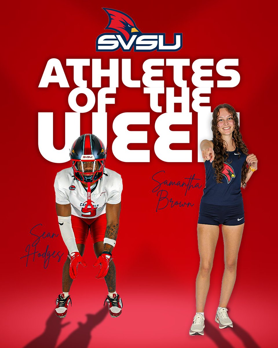 svsuathletics's tweet photo. Our SVSU Athletes of the Week!
@svsu_football's Sean Hodges had two picks including a pick six and had six tackles, two tfl's, on Saturday. @SVSU_XCTF Samantha Brown finished second at the Red October with a PR time of 23:38.50🔥
#BeaksUp #GoCards #StandOut #AOTW https://t.co/69R1TRyXmg