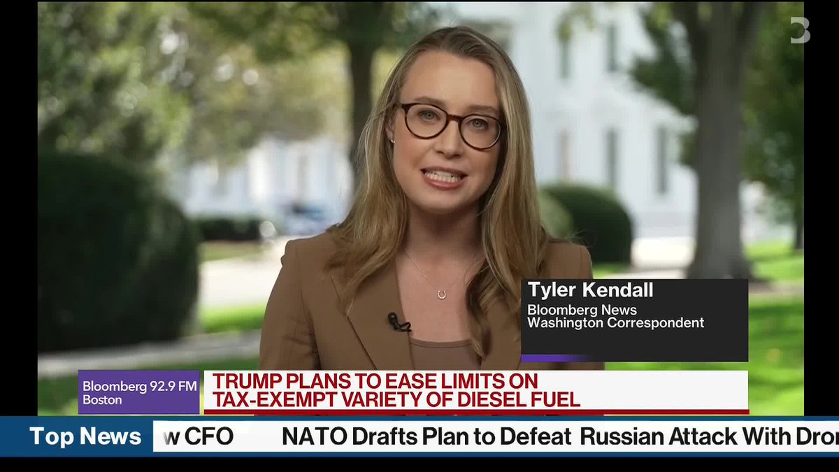 A female Bloomberg News reporter, identified as "Washington Correspondent Tyler Kendall," appears on screen wearing glasses and a tan blazer while delivering a news segment. The on-screen text reads "TRUMP PLANS TO EASE LIMITS ON TAX-EXEMPT VARIETY OF DIESEL FUEL," directly corresponding to the post about the Trump administration considering expanding access to tax-exempt diesel fuel.