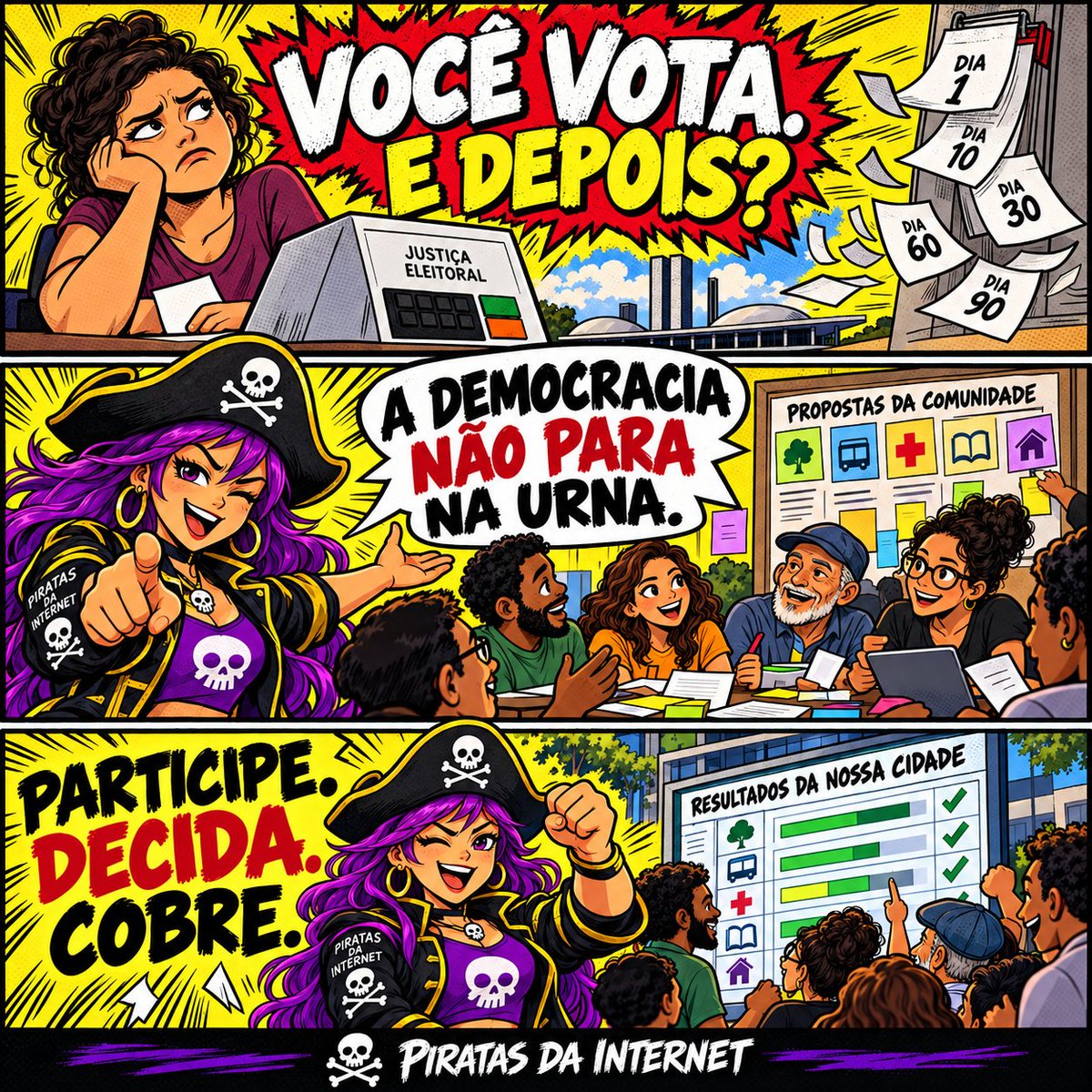 Piratasnet42's tweet photo. Você vota. E depois? Muita gente sente que, depois da eleição, só resta assistir às decisões de longe. E se a democracia não terminasse na urna? Participe. Decida. Cobre. Qual problema da sua comunidade deveria entrar primeiro nessa conversa? https://t.co/Cwp5gC2tCu
