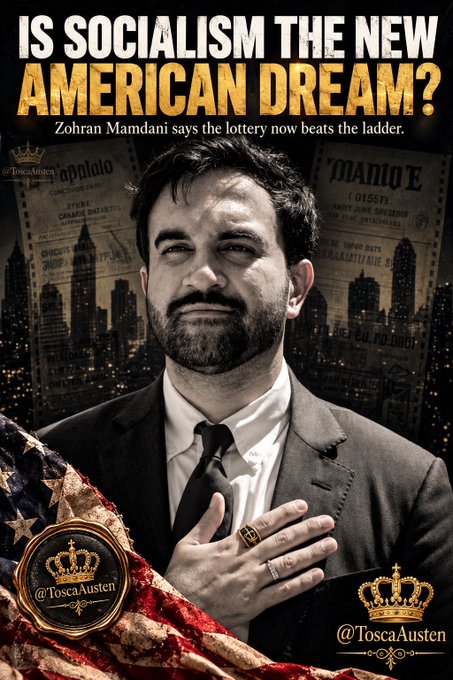 A promotional graphic featuring a man in a suit with text asking 'IS SOCIALISM THE NEW AMERICAN DREAM?' and a subtitle stating 'Zohran Mamdani says the lottery now beats the ladder,' branded with @ToscaAusten.