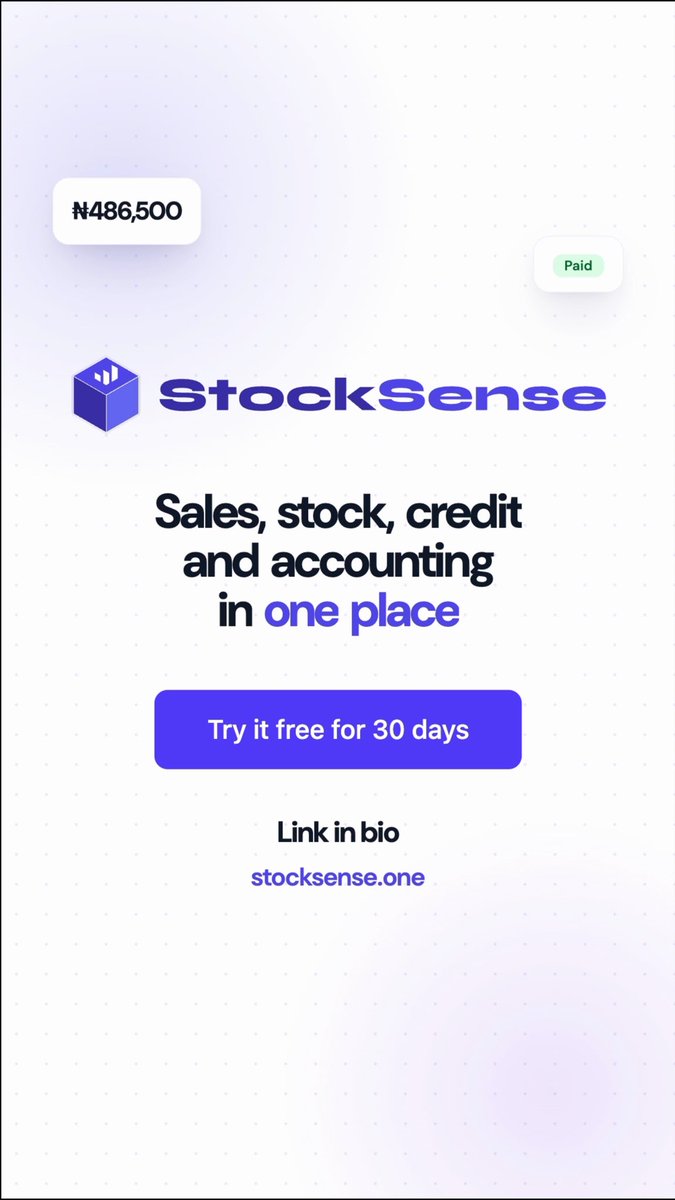 A promotional graphic for StockSense displaying '₦486,500' and a 'Paid' status badge, advertising 'Sales, stock, credit and accounting in one place' with a 'Try it free for 30 days' button.