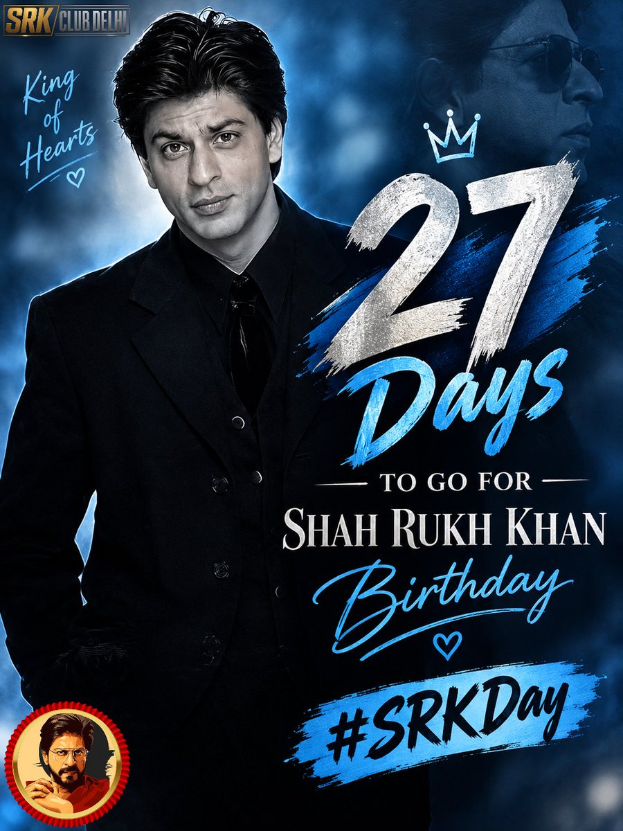 SRKClubDelhi's tweet photo. 27 days but the excitement is already at its peak.👑
The #KING of Hearts is getting ready to celebrate another legendary year.❤️✨
27 Days To Go for #SRKDay because for us, loving #ShahRukhKhan is forever.🫶🏻👑
@iamsrk #SRKDay2026 #27DaysForSRKDay #SRK #SRKClubDelhi #MannatDarshan2026