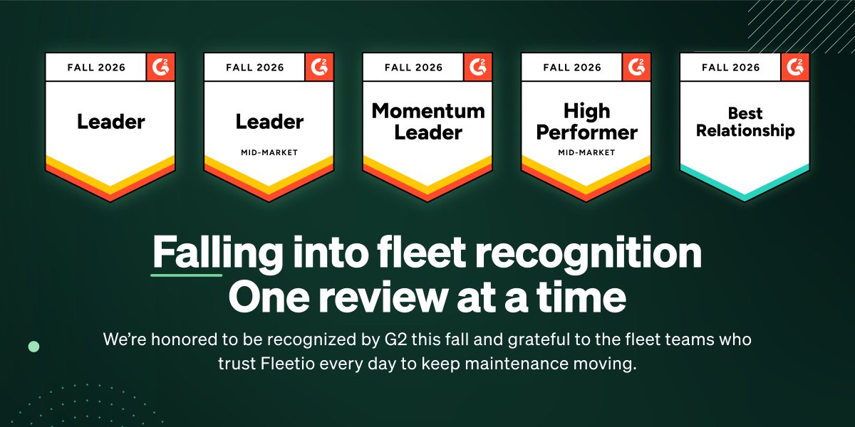 fleetio's tweet photo. Our fall haul: 7 new @G2dotcom badges. 🏆

Fleetio earned Fall 2026 badges across Fleet Management, Asset Management, Tool Tracking and Fleet Maintenance.

Huge thanks to the customers who took time to leave a review. This celebration has your name all over the place. https://t.co/bcbbptg1cV
