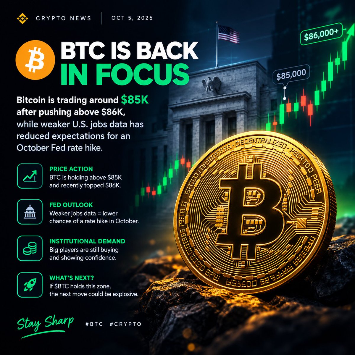 🚨 $BTC IS BACK IN FOCUS

Bitcoin is trading around $85K after pushing above $86K, while weaker U.S. jobs data has reduced expectations for an October Fed rate 