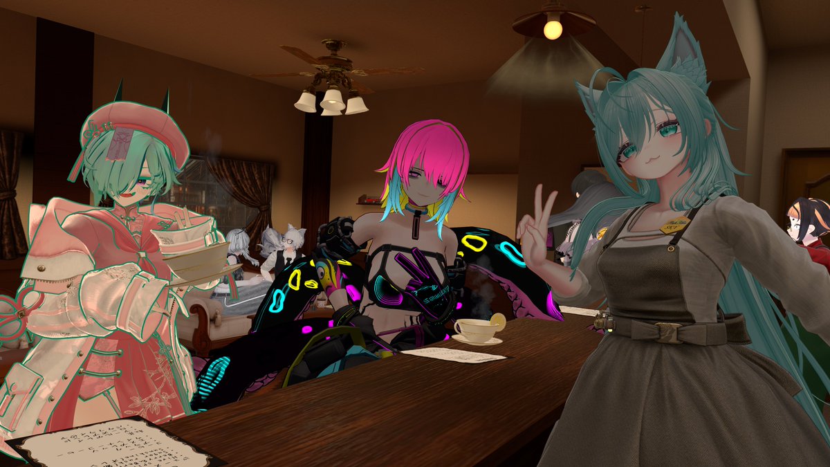 CafeHive_VRC's tweet photo. こちらは昨日の営業中のお写真となります❗️
初めていらっしゃったお客様もいましたねーみなさん改変が上手でびっくりしました！！
やはり、こういった雑談系のイベントは色んな人に出会えるので良いですねぇ…
今後とも当カフェをよろしくお願いしますね🤲

#CafeHive_VRC https://t.co/ndiyKEFTQv