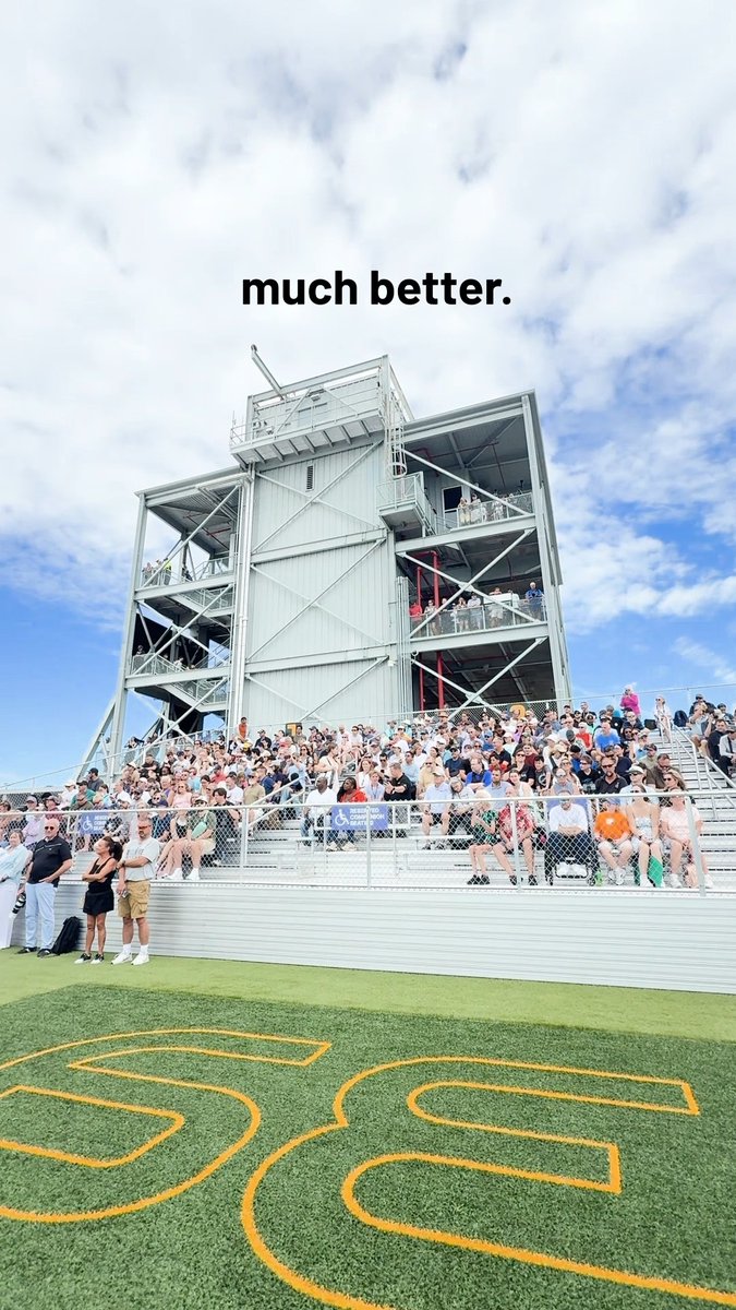 A crowded stadium grandstand and press tower are shown with the text 'much better.' overlaid, and a large '53' painted on the field in the foreground.
