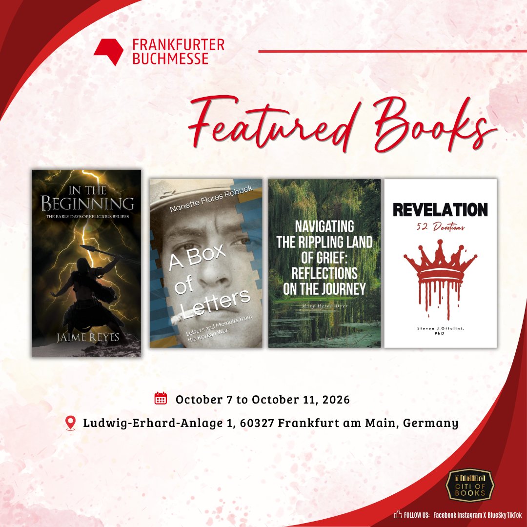 CITIOFBOOKSINC's tweet photo. ๐ In the Beginning: The Early Days of Religious Beliefs by Jaime Reyes
๐ A Box of Letters by Nanette Flores Robuck
๐ Navigating the Rippling Land of Grief by Mary Heron Dyer
๐ Revelation 52 Devotions by Dr. Steven Ottolini
#FrankfurtLiteraryScene #CitiOfBooks #AuthorShowcase https://t.co/OmOnvnsHv3