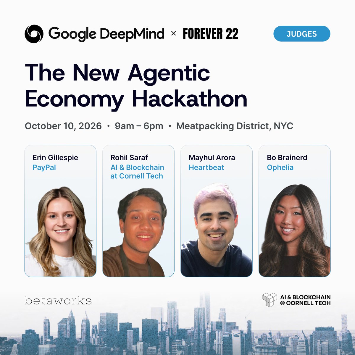 forever22ai's tweet photo. building with @GoogleDeepMind this saturday in NYC.

your judges: Erin Gillespie, Rohil Saraf, Mayhul Arora + @BoBrainerd.

bring a problem. build an agent. demo what works.

oct 10 · @betaworks
$3k prize pool in credits

apply: https://t.co/OHUSTq4iIJ https://t.co/k7Qi7a1ldg