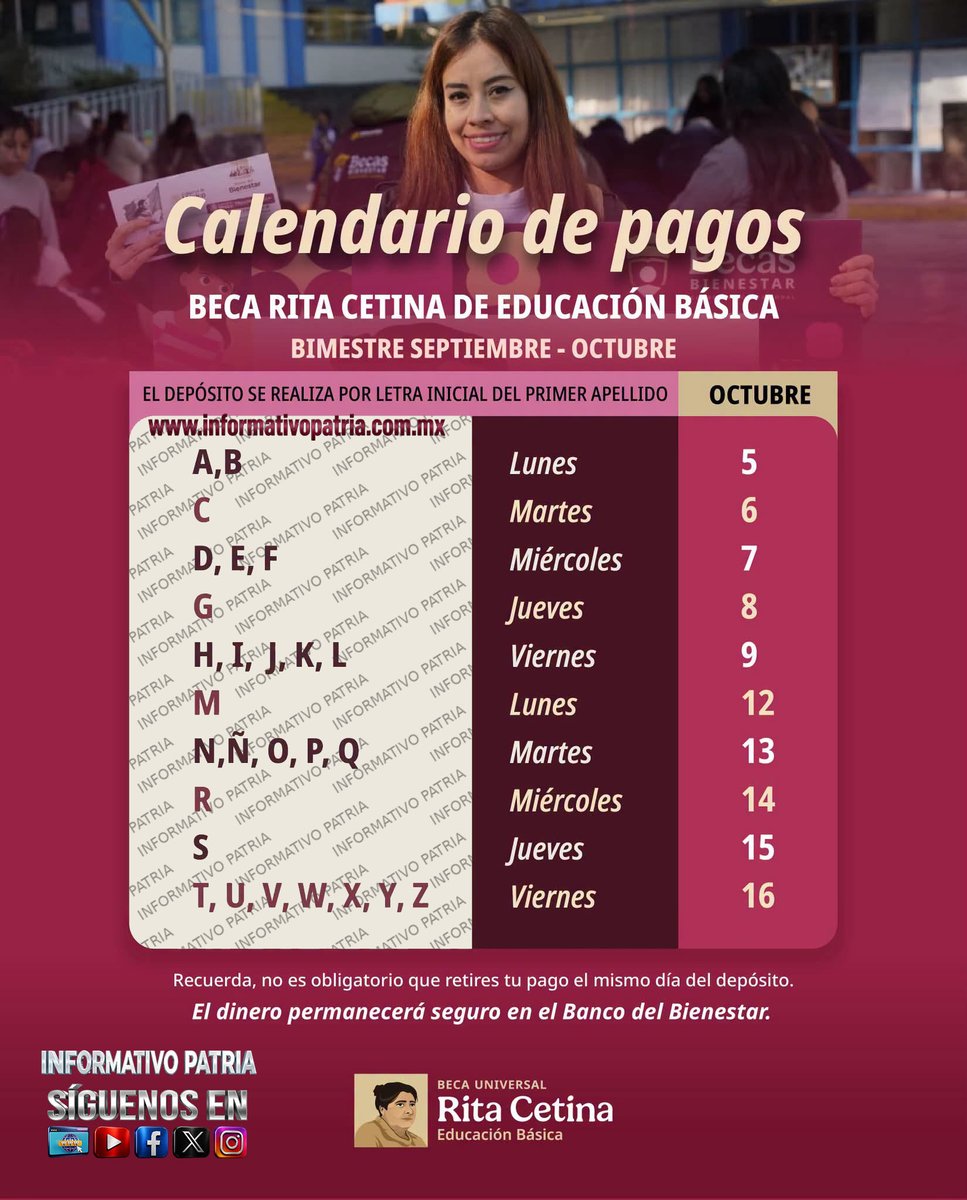 Inf_PATRIA's tweet photo. 💥 #DeÚltimaHora | #Nacional | #México | #Educación | #ProgramasDelBienestar | 💳 La #BecaRitaCetina comienza este lunes el primer pago del actual ciclo escolar.
https://t.co/gn7Z6DbkyS https://t.co/v4eA3dzACw