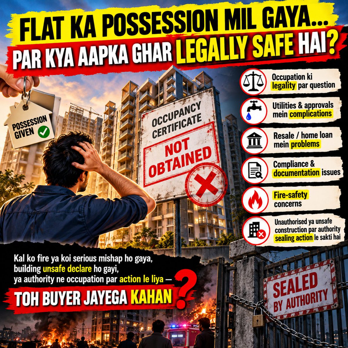 AmitBinge's tweet photo. 🚨🏠 FLAT KA POSSESSION MIL GAYA… PAR KYA AAPKA GHAR LEGALLY SAFE HAI? 😨

Builder ne possession de diya.
Buyer EMI bhar raha hai. Maintenance de raha hai.
Lekin OC abhi tak nahi hai! 😳

Aur OC sirf ek formal certificate nahi hai. 👇

⚠️ Occupation ki legality par questions
⚡ Utilities & approvals mein complications
🏦 Resale/home loan mein problems
📄 Compliance & documentation issues
🔥 Fire-safety concerns
🚨 Construction unauthorised ya unsafe payi gayi toh authority enforcement/sealing action le sakti hai.

Kal ko fire ya serious mishap ho gaya, building unsafe declare ho gayi, ya authority ne occupation par action le liya — toh buyer jayega kahan? 😨

Builder ne flat bechte waqt ek-ek rupee liya, toh applicable OC/CC properly obtain karna bhi builder ki responsibility honi chahiye — buyer ki nahi.

🏠 Possession mil jaana ≠ project ki har legal requirement complete hona.

Flat kharidne se pehle sirf location, interiors aur amenities mat dekho.

OC. CC. Fire safety. Sanctioned plan. Approvals.
🔍 Sab verify karo.

👇 Would you buy a ₹1Cr+ flat if the builder says: “OC bas aa hi raha hai”?

#RealEstate #Homebuyers