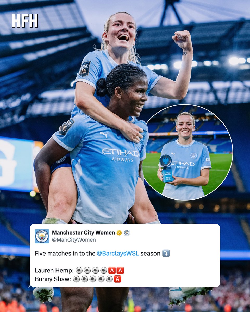 HerFootballHub's tweet photo. Lauren Hemp helped Man City maintain their perfect start to the WSL season with a 4-2 victory over Arsenal at the Etihad Stadium. 🤩

The result leaves the reigning champions five wins from five as they continue their title charge. 🏆

Full article ➡️ https://t.co/X8FVEoqNzG https://t.co/tV9PARQnlw