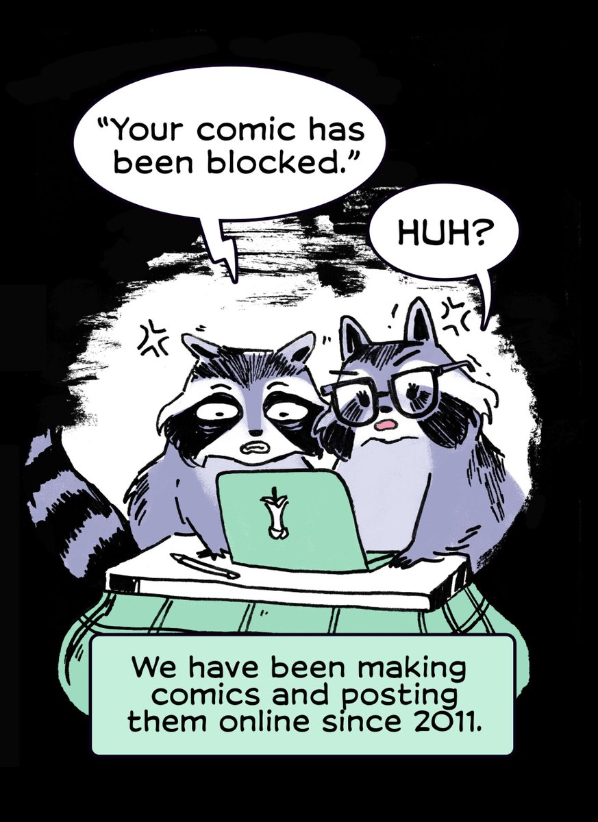 raspberryhazel's tweet photo. our last comic page is (checks notes) still banned on webtoon!  

so what a perfect time to share this comic we made earlier this year about online censorship (webcomic edition). https://t.co/65vBJk9wQb